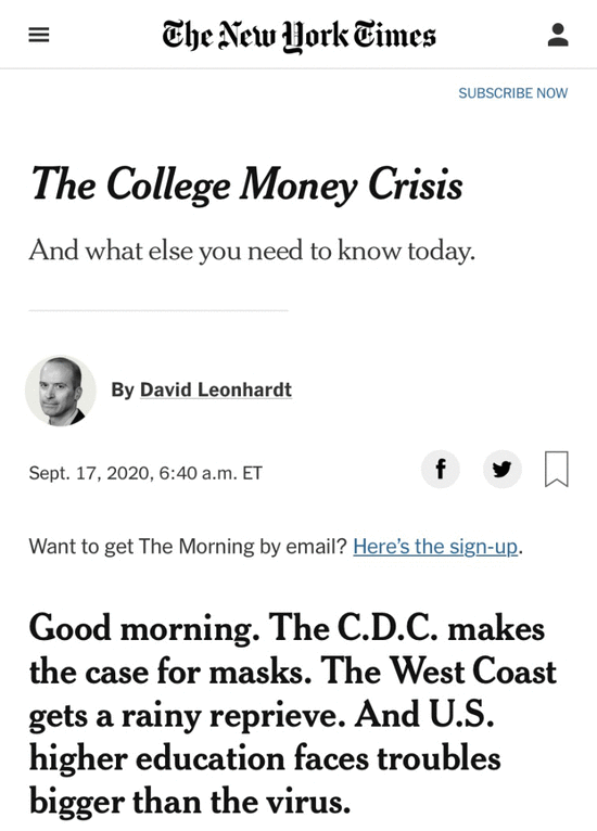 △《纽约时报》称，疫情引发的财务危机，引发了有关高等教育成本和价值的长期争论